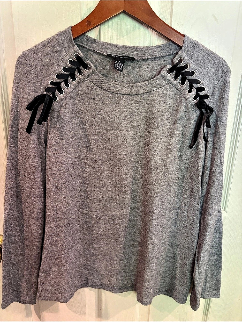 INC International Concepts Heather Gray Lace-Up Shoulder Sweater Large